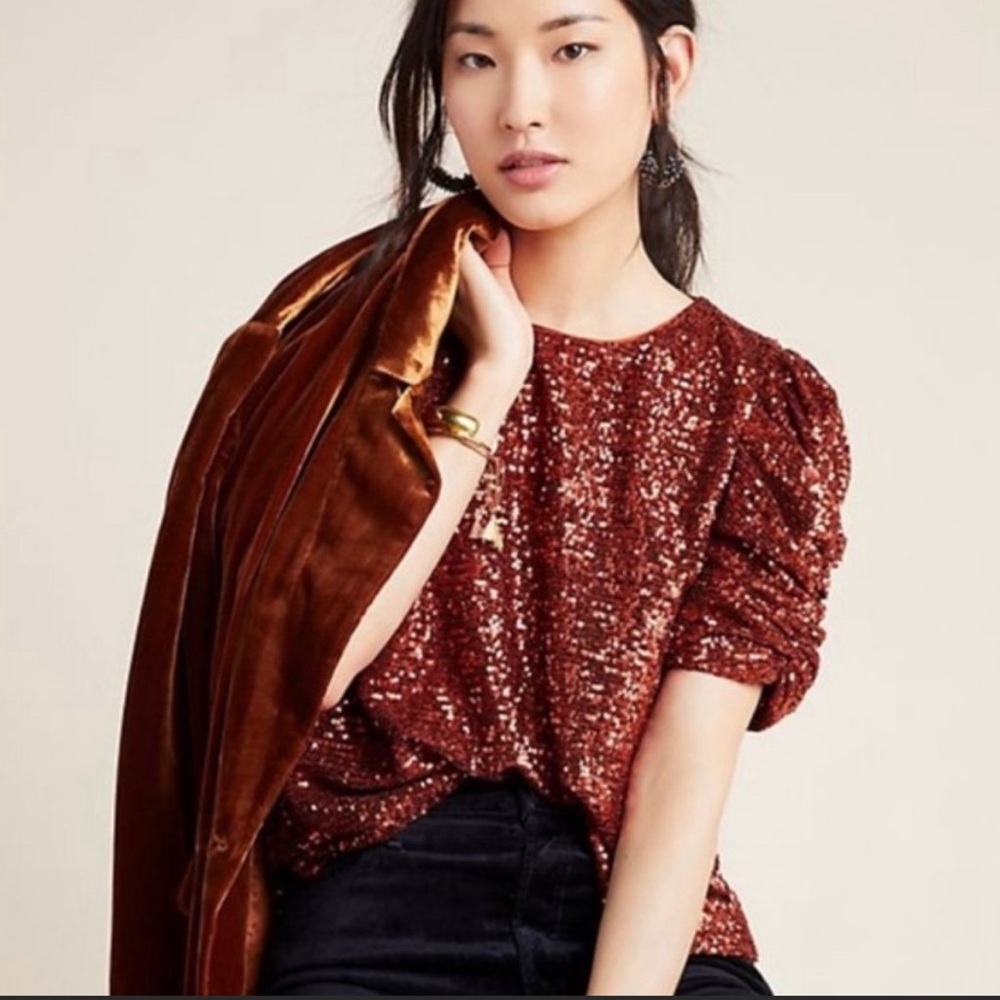 Anthropologie Copper Sequin Puff Sleeve Blouse